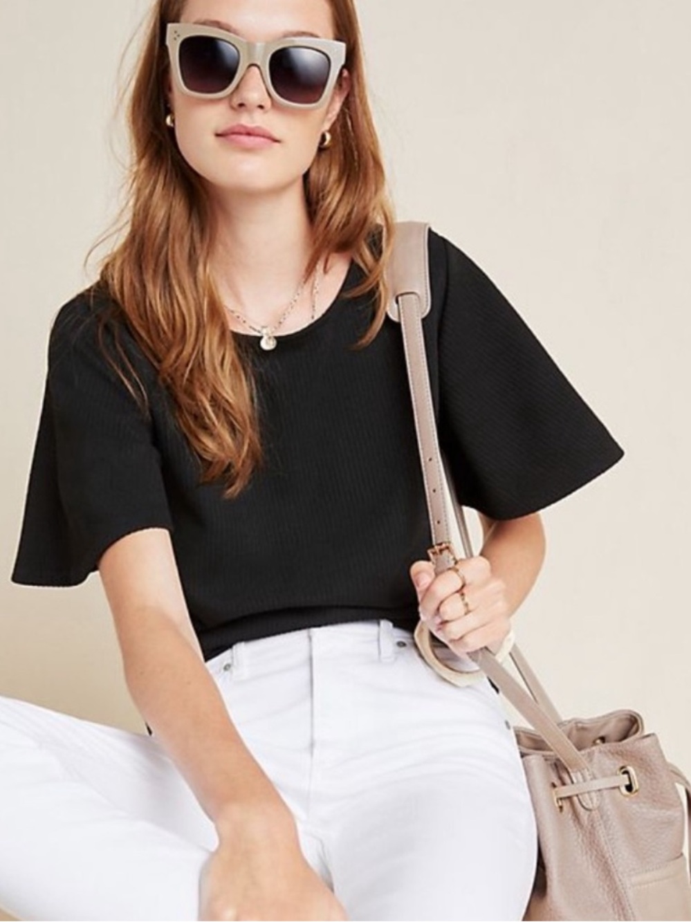 Anthropologie Blue Tassel Black Textured Flutter-Sleeve Tee